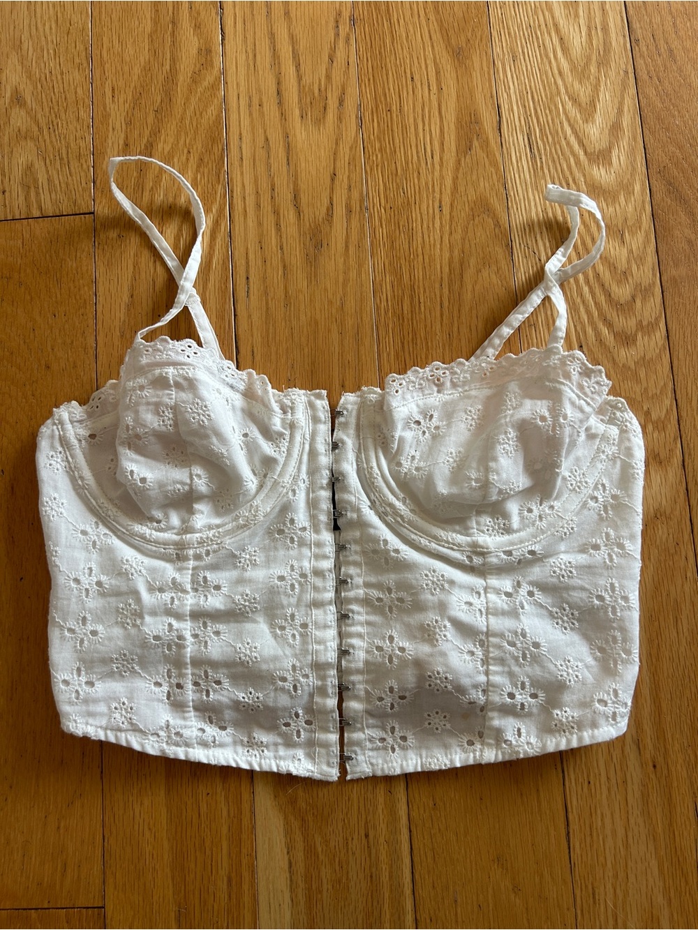 Garage White Eyelet Bustier Crop Top with Front Hooks